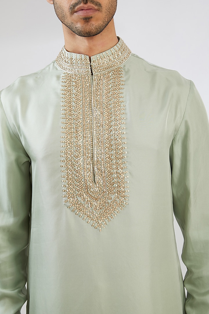 Mint Silk Twill Zardosi Embroidered Kurta by Shantnu & Nikhil Men at Pernia's Pop Up Shop
