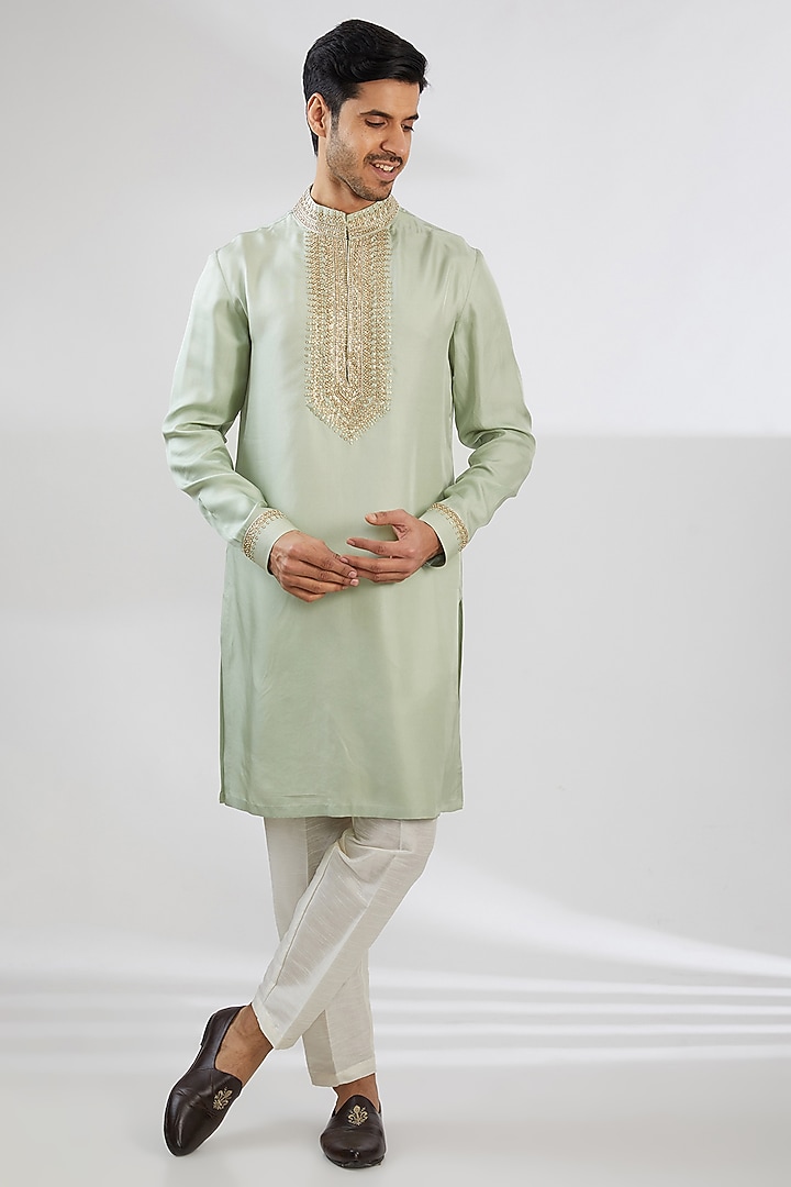 Mint Silk Twill Zardosi Embroidered Kurta by Shantnu & Nikhil Men at Pernia's Pop Up Shop