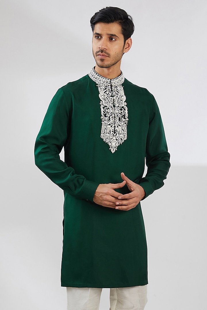 Emerald Silk Twill Zardosi Embroidered Kurta by Shantnu & Nikhil Men