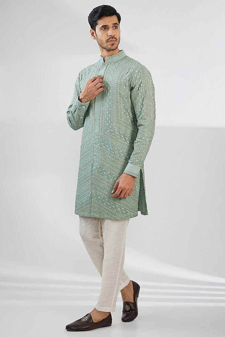 Aqua Chanderi Dori Embroidered Kurta by Shantnu & Nikhil Men at Pernia's Pop Up Shop