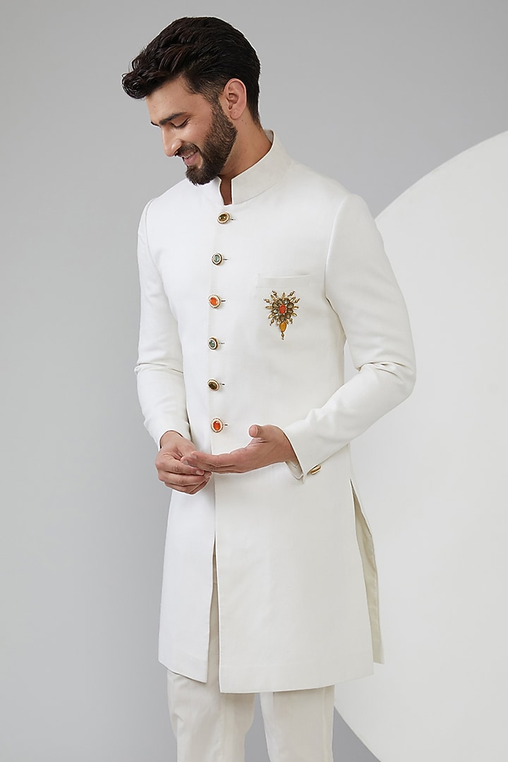 White Sandwash Groom Indowestern Jacket by Shantanu & Nikhil Men at Pernia's Pop Up Shop