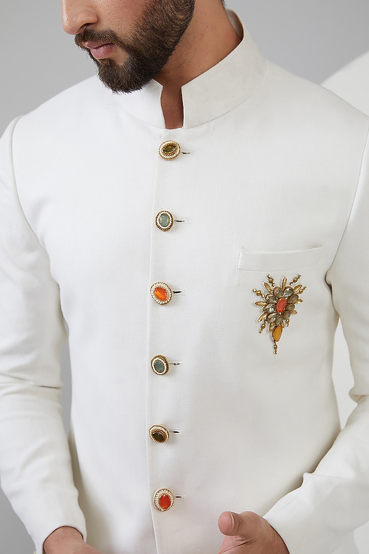White Sandwash Groom Indowestern Jacket by Shantanu & Nikhil Men at Pernia's Pop Up Shop