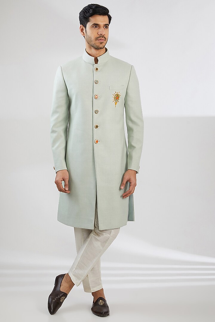 Mint Matka Silk Boota Embroidered Groom Sherwani by Shantnu & Nikhil Men at Pernia's Pop Up Shop