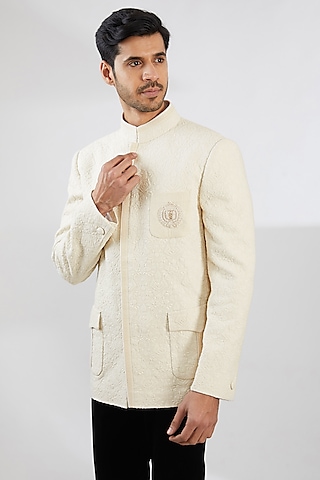 Ivory Georgette Chikankari Embroidered Bandhgala by Shantnu & Nikhil Men