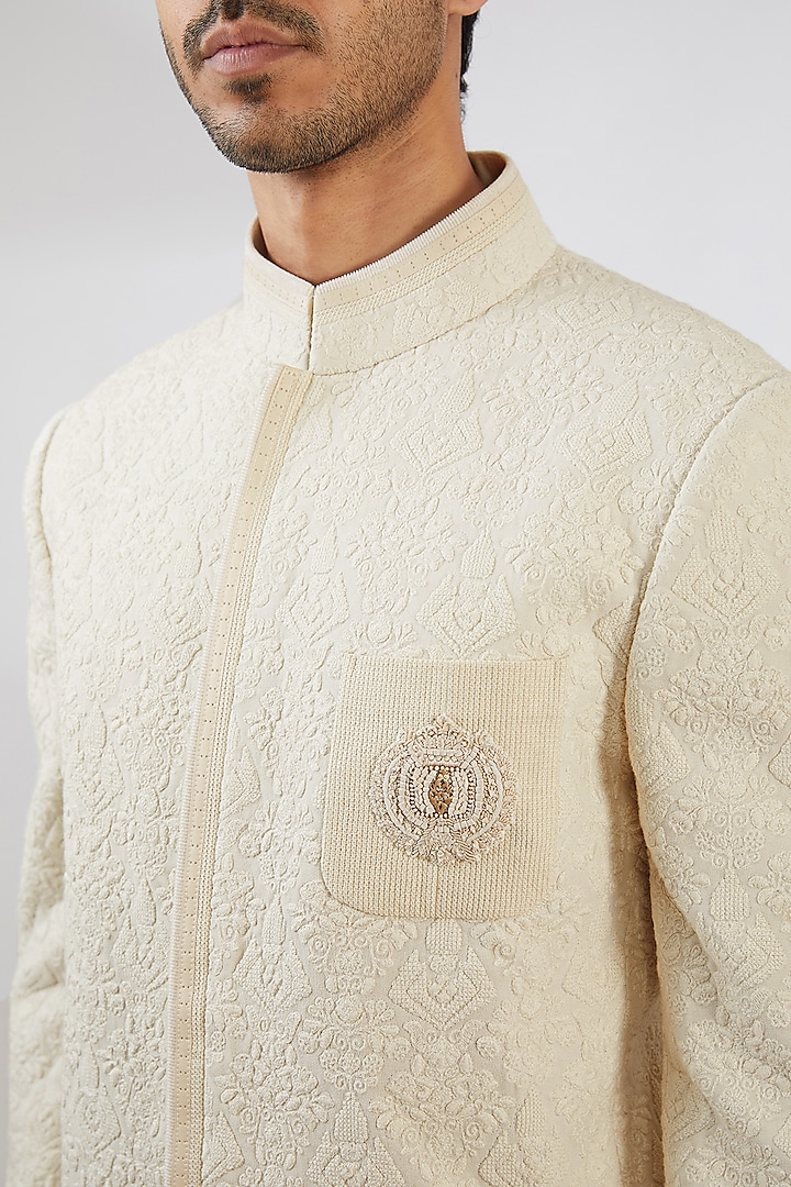 Ivory Georgette Chikankari Embroidered Groom Bandhgala by Shantnu & Nikhil Men at Pernia's Pop Up Shop