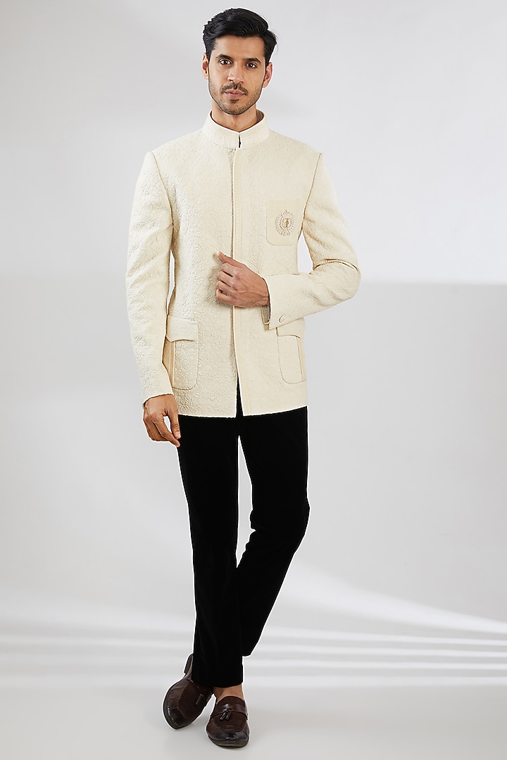 Ivory Georgette Chikankari Embroidered Groom Bandhgala by Shantnu & Nikhil Men at Pernia's Pop Up Shop