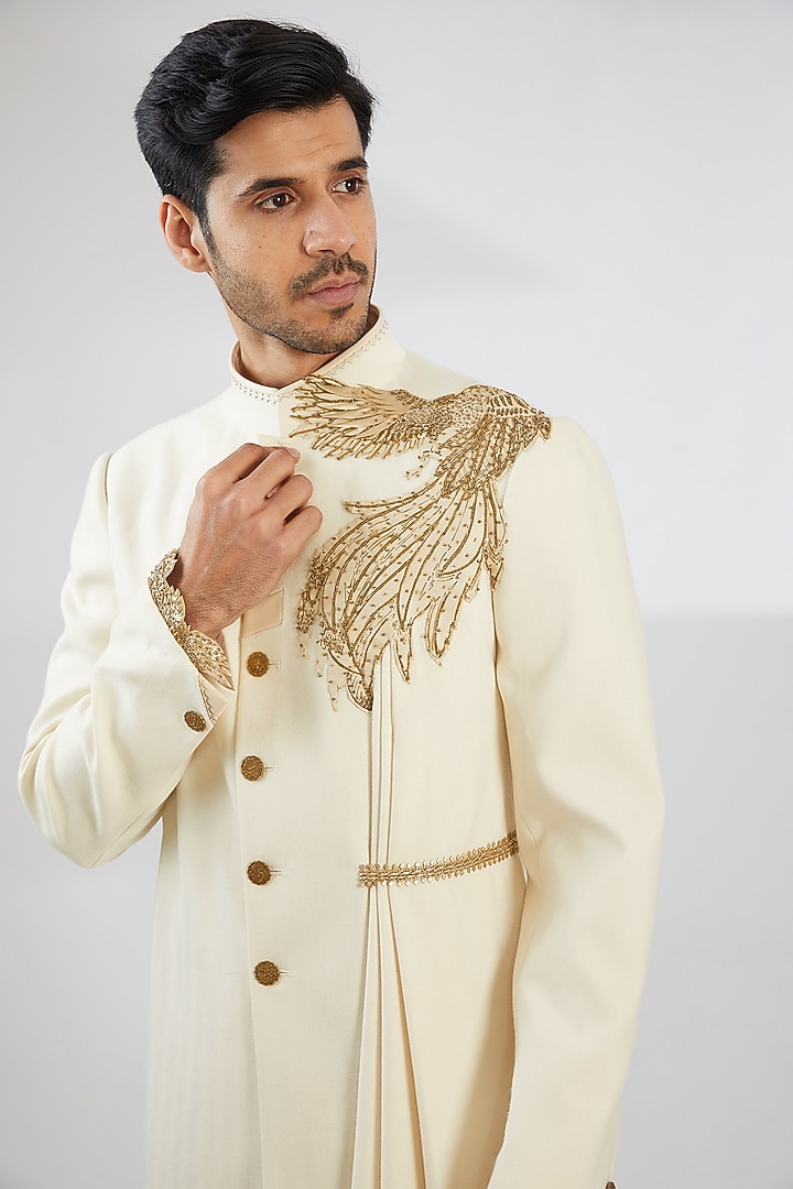 Ivory Herringbone Zardosi Embroidered Groom Sherwani by Shantnu & Nikhil Men at Pernia's Pop Up Shop
