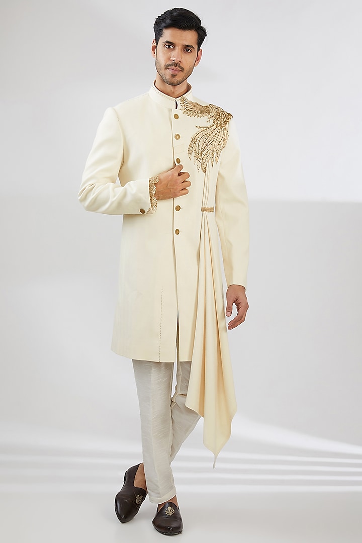 Ivory Herringbone Zardosi Embroidered Groom Sherwani by Shantnu & Nikhil Men at Pernia's Pop Up Shop