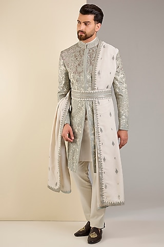 Aqua Marine Crushed Georgette Zardosi Embroidered Sherwani Set by Shantnu & Nikhil Men