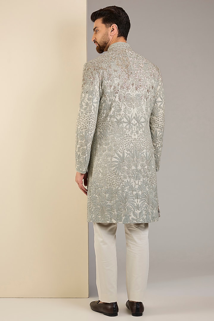 Aqua Marine Crushed Georgette Zardosi Embroidered Groom Sherwani Set by Shantnu & Nikhil Men at Pernia's Pop Up Shop