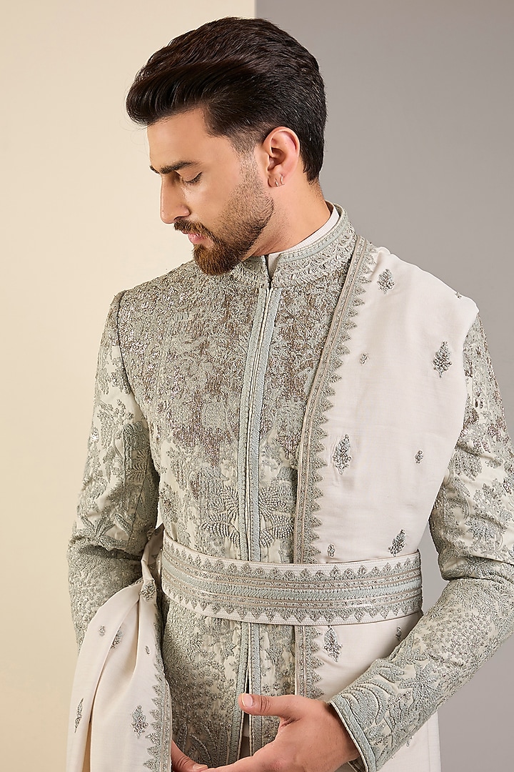 Aqua Marine Crushed Georgette Zardosi Embroidered Groom Sherwani Set by Shantnu & Nikhil Men at Pernia's Pop Up Shop