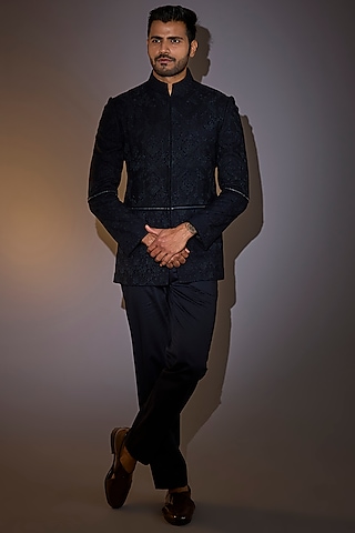 Midnight Blue Crushed Georgette Embroidered Bandhgala Set by Shantnu & Nikhil Men