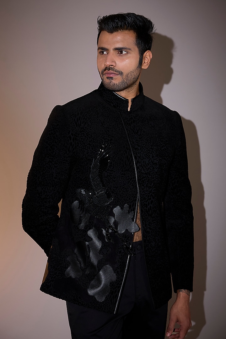 Obsidian Black Cotton Velvet Embroidered Groom Bandhgala Set by Shantnu & Nikhil Men at Pernia's Pop Up Shop