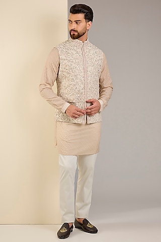 Pearl Ivory Silk Thread Embroidered Nehru Jacket Set by Shantnu & Nikhil Men