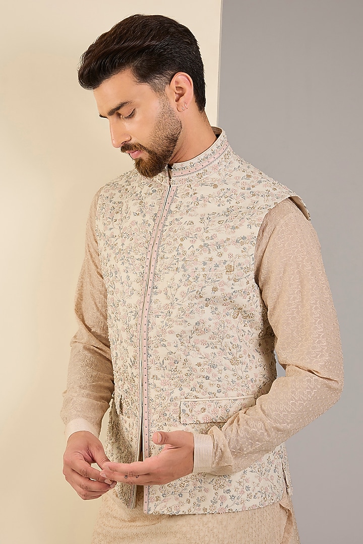 Pearl Ivory Silk Thread Embroidered Nehru Jacket Set by Shantnu & Nikhil Men at Pernia's Pop Up Shop