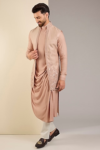 Rose Quartz Matka Silk Applique Embroidered Indowestern Set by Shantnu & Nikhil Men