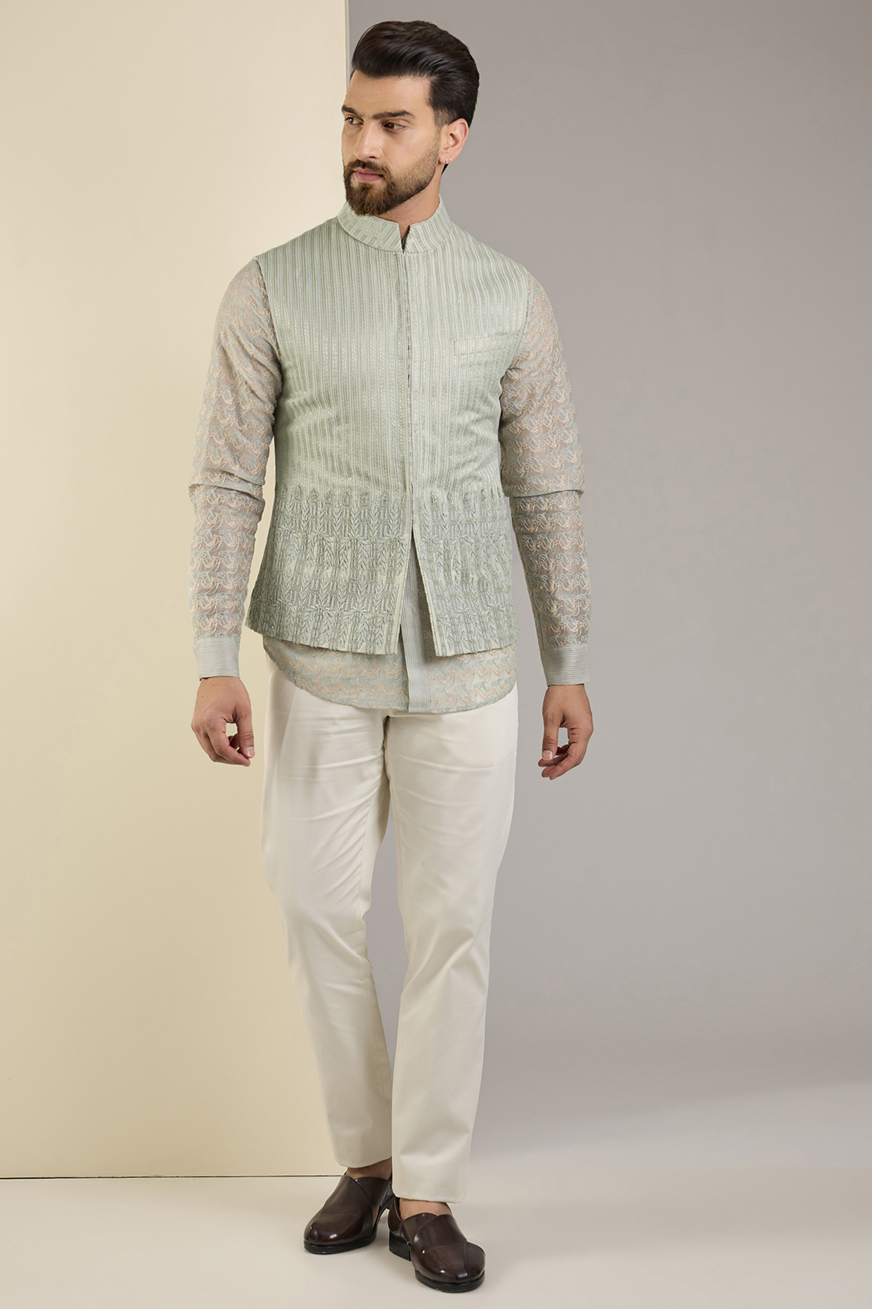 Dusty Mint Silk Thread Embroidered Nehru Jacket Set by Shantnu & Nikhil Men