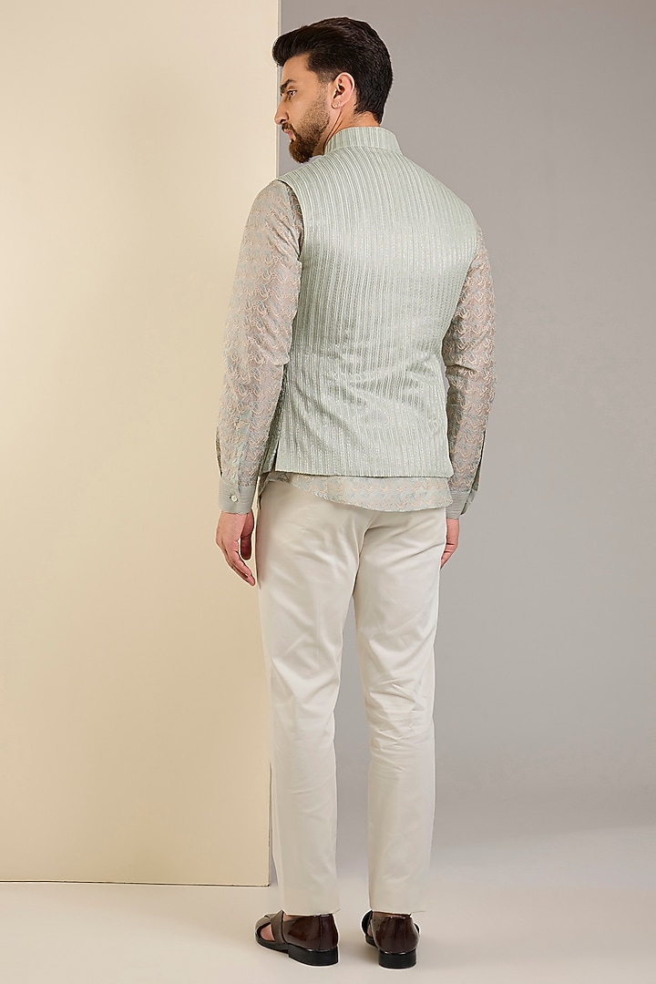 Dusty Mint Silk Thread Embroidered Nehru Jacket Set by Shantnu & Nikhil Men at Pernia's Pop Up Shop