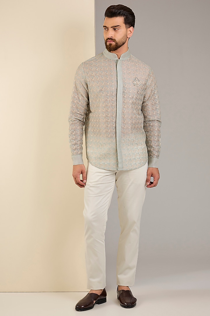 Dusty Mint Silk Thread Embroidered Nehru Jacket Set by Shantnu & Nikhil Men at Pernia's Pop Up Shop