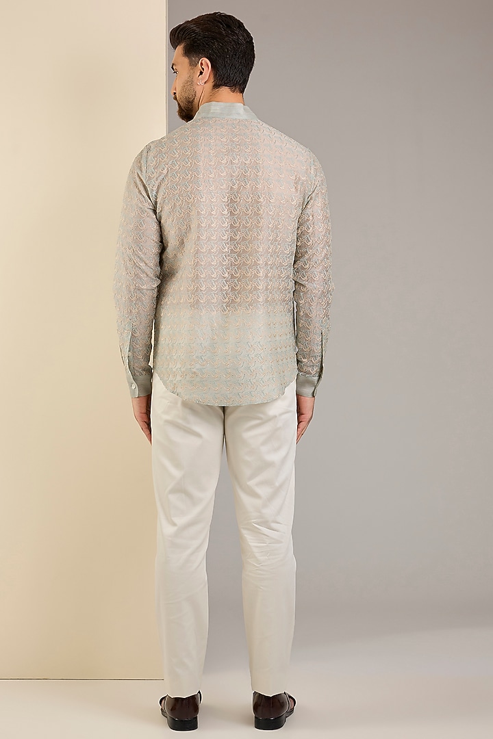 Dusty Mint Silk Thread Embroidered Nehru Jacket Set by Shantnu & Nikhil Men at Pernia's Pop Up Shop