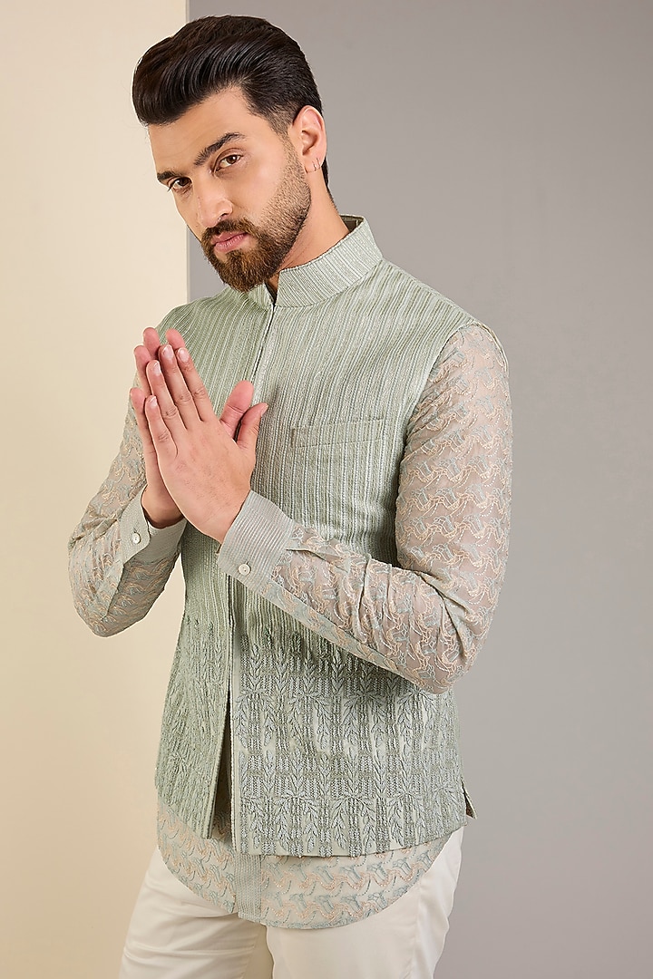Dusty Mint Silk Thread Embroidered Nehru Jacket Set by Shantnu & Nikhil Men at Pernia's Pop Up Shop