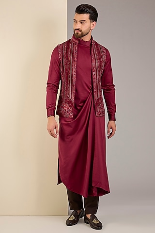 Maroon Silk Thread Embroidered Nehru Jacket Set by Shantnu & Nikhil Men