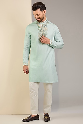 Dusty Mint Georgette Embroidered Kurta Set by Shantnu & Nikhil Men