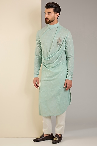 Dusty Mint Georgette Embroidered Kurta Set by Shantnu & Nikhil Men