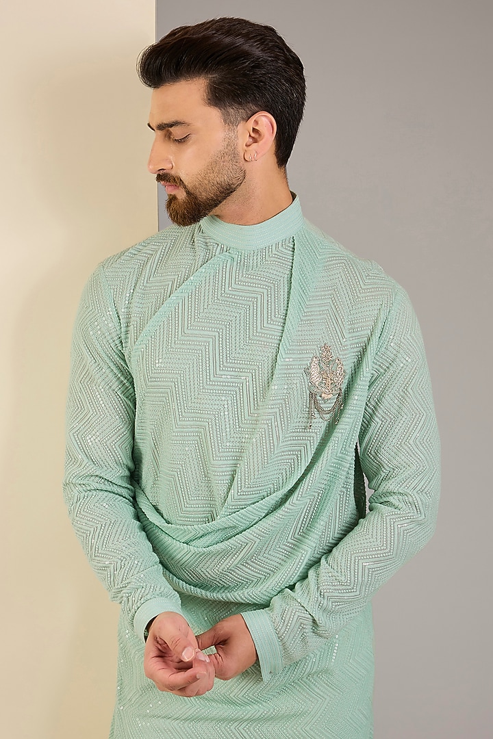 Dusty Mint Georgette Embroidered Kurta Set by Shantnu & Nikhil Men at Pernia's Pop Up Shop