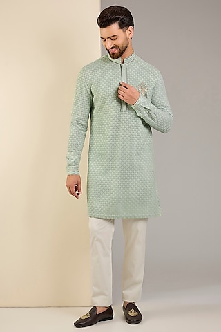 Aqua Marine Georgette Embroidered Kurta Set by Shantnu & Nikhil Men