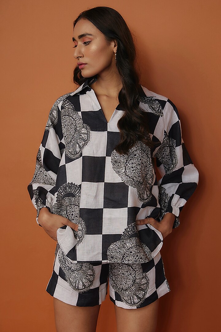 Black Linen Digital Printed Co-Ord Set by NASSH at Pernia's Pop Up Shop