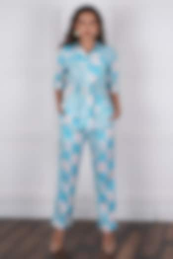 Blue Linen Checkered Digital Printed Co-Ord Set by NASSH at Pernia's Pop Up Shop