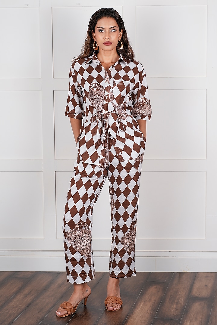 Brown Linen Checkered Digital Printed Co-Ord Set by NASSH at Pernia's Pop Up Shop