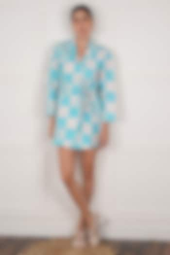 Blue Linen Checkered Digital Printed Dress by NASSH