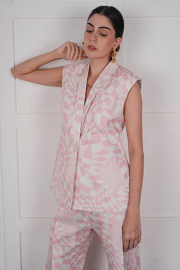 Pink Linen Checkered Digital Printed Co-Ord Set by NASSH at Pernia's Pop Up Shop