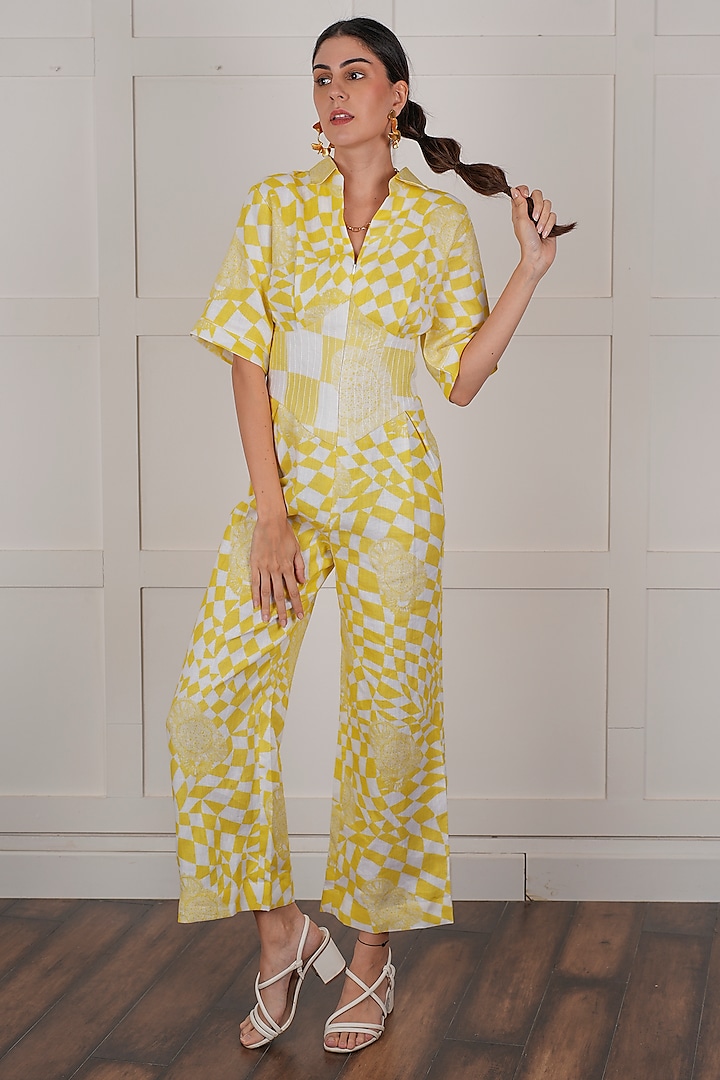 Yellow Linen Digital Printed Jumpsuit by NASSH at Pernia's Pop Up Shop