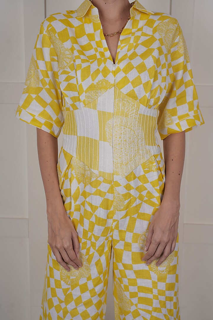 Yellow Linen Digital Printed Jumpsuit by NASSH at Pernia's Pop Up Shop