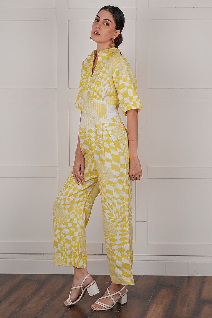 Yellow Linen Digital Printed Jumpsuit by NASSH at Pernia's Pop Up Shop