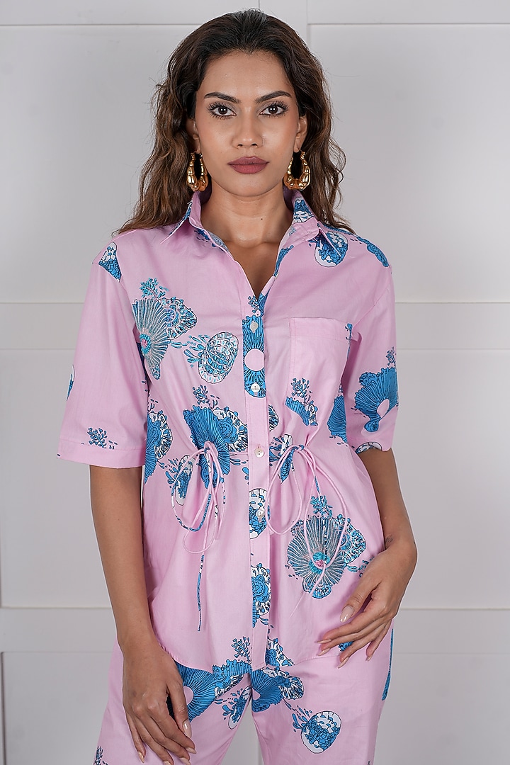 Pink Linen Beadwork & Digital Printed Co-Ord Set by NASSH at Pernia's Pop Up Shop