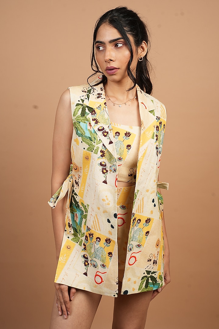 Multi-Colored Linen Printed Jacket Set by NASSH