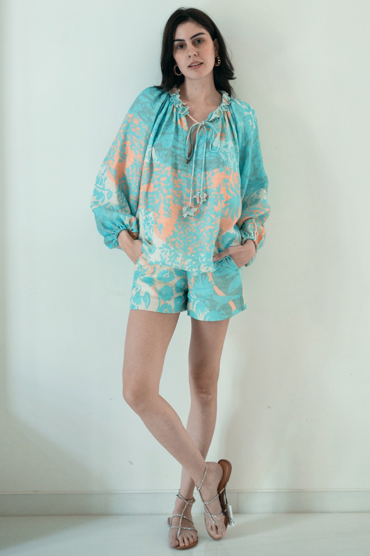 ★PLACE STUDIO★ String Hood Logo Point Nashi Set Layered T- point ls side ruch top