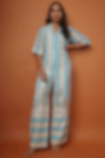 Sea Blue & White Striped Digital Printed Jumpsuit by NASSH