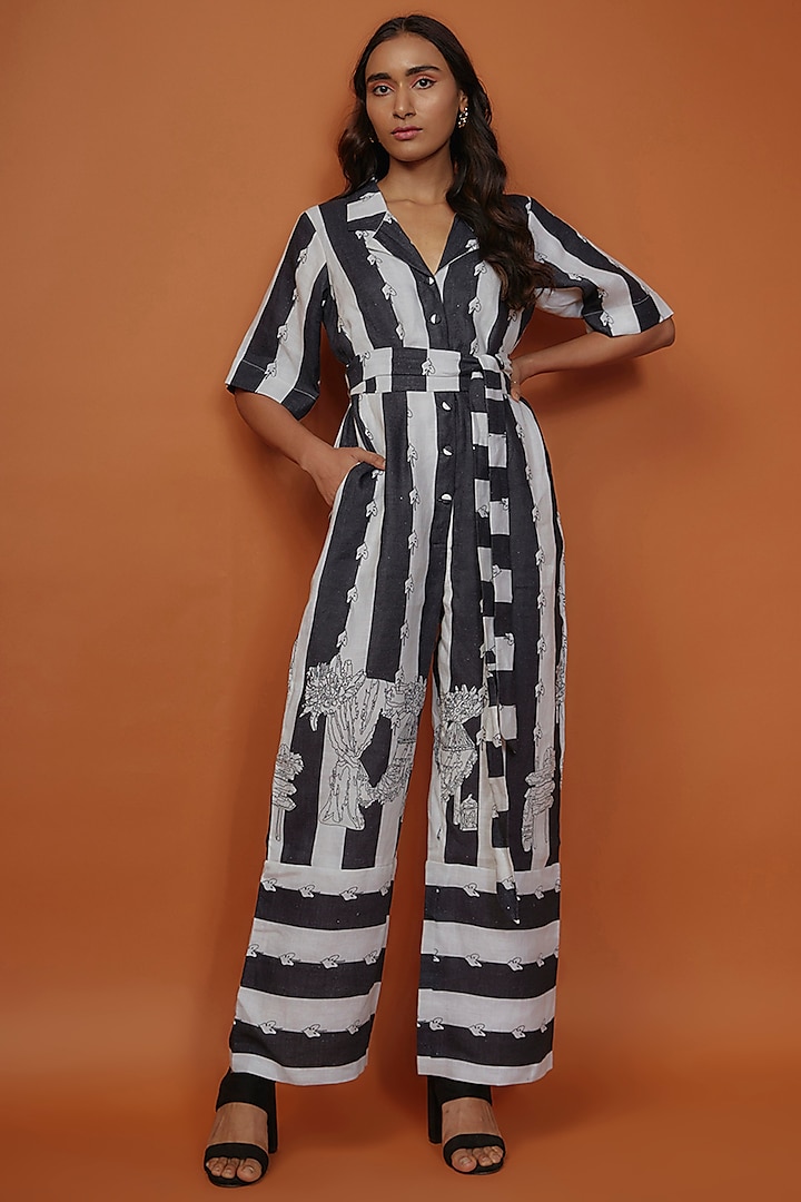 Black & White Linen Stripe Printed Jumpsuit by NASSH