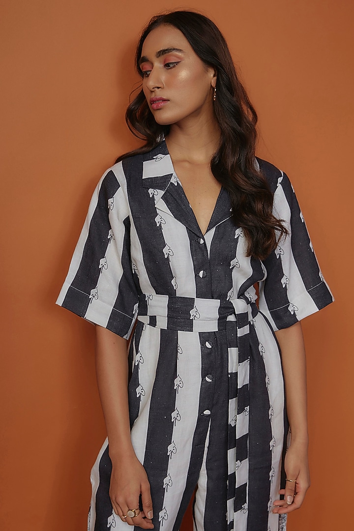 Black & White Linen Stripe Printed Jumpsuit by NASSH at Pernia's Pop Up Shop