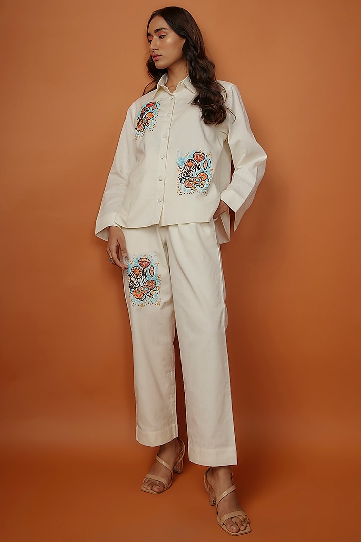 White Cotton Linen Printed & Embroidered Co-Ord Set by NASSH