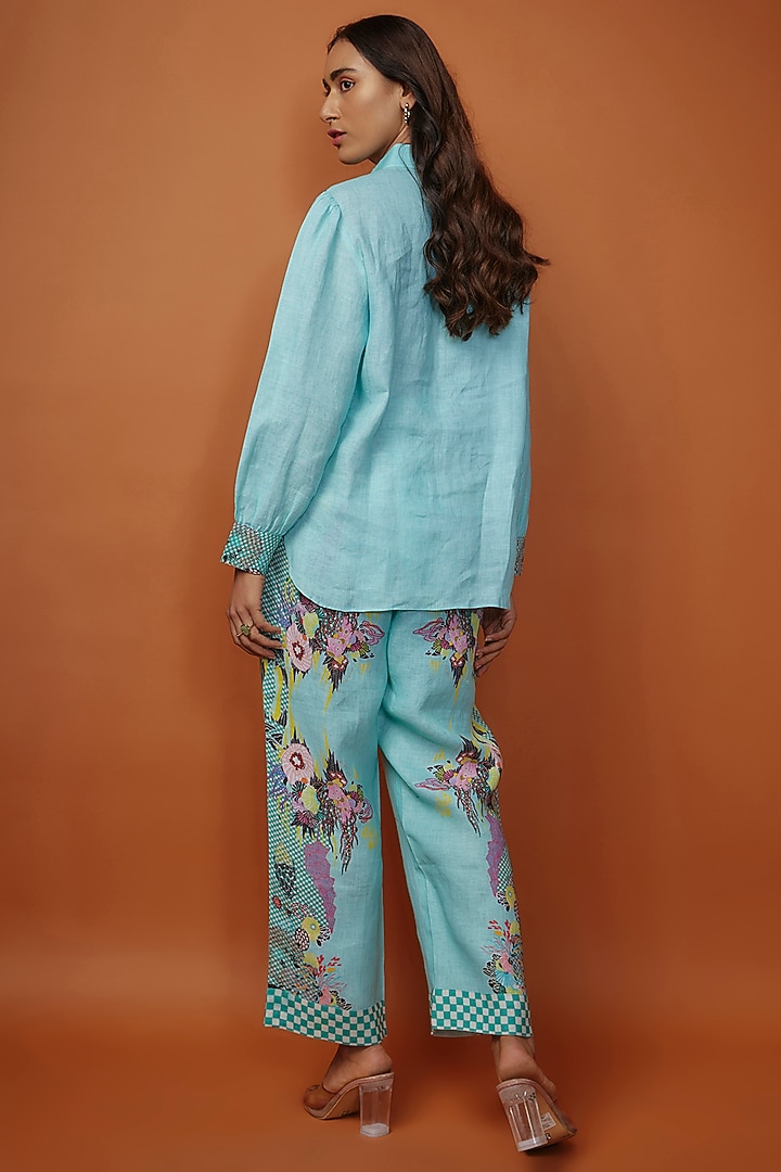 Blue Linen Digital Printed Co-Ord Set by NASSH at Pernia's Pop Up Shop