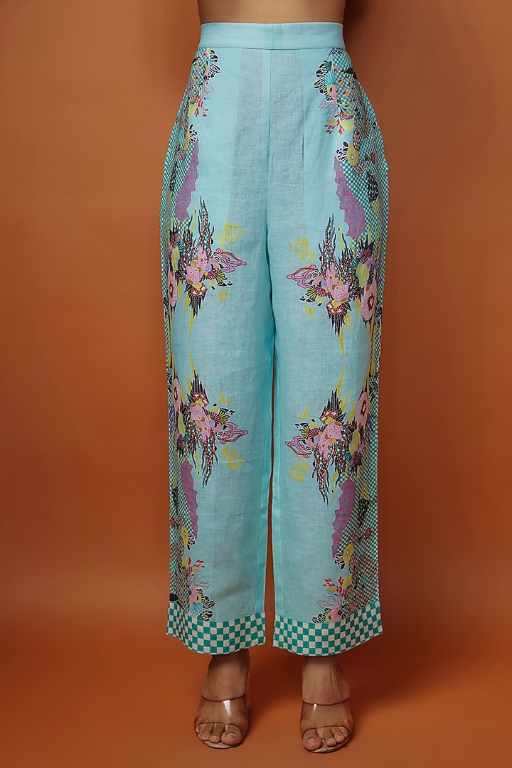 Blue Linen Digital Printed Co-Ord Set by NASSH at Pernia's Pop Up Shop