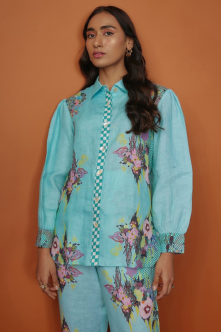 Blue Linen Digital Printed Co-Ord Set by NASSH at Pernia's Pop Up Shop