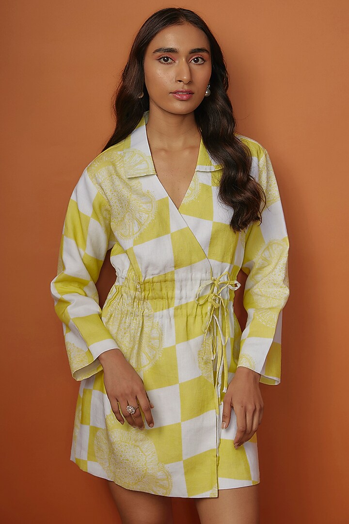 Yellow & White Linen Checks Printed Summer Dress by NASSH at Pernia's Pop Up Shop
