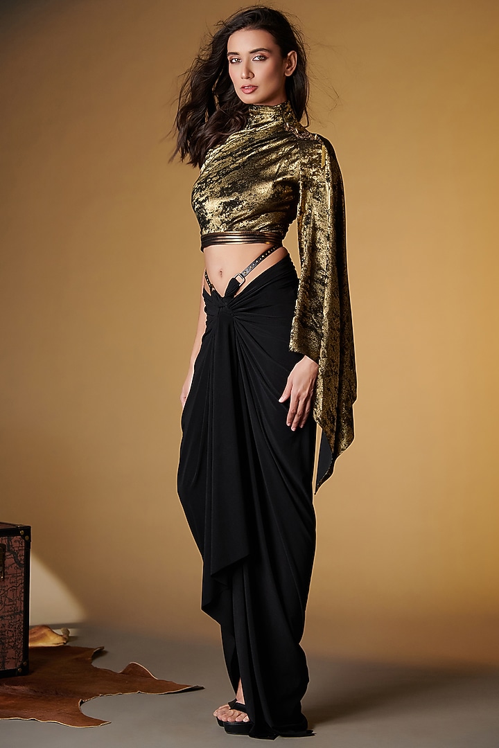 Metallic Gold Sandwash Foil One Shoulder Draped Crop Top by S&N by Shantnu Nikhil at Pernia's Pop Up Shop